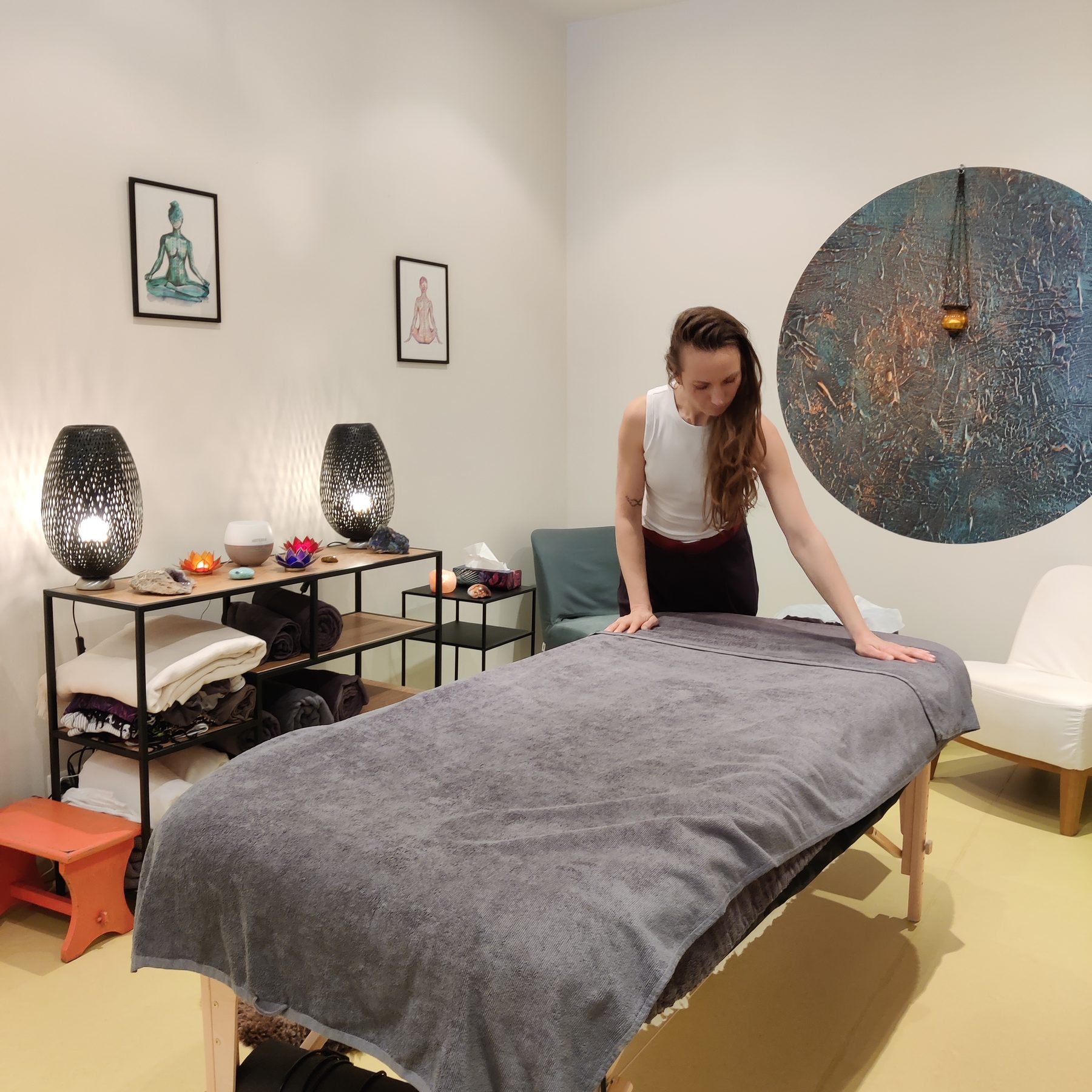 A calm treatment room prepared for a bodywork session